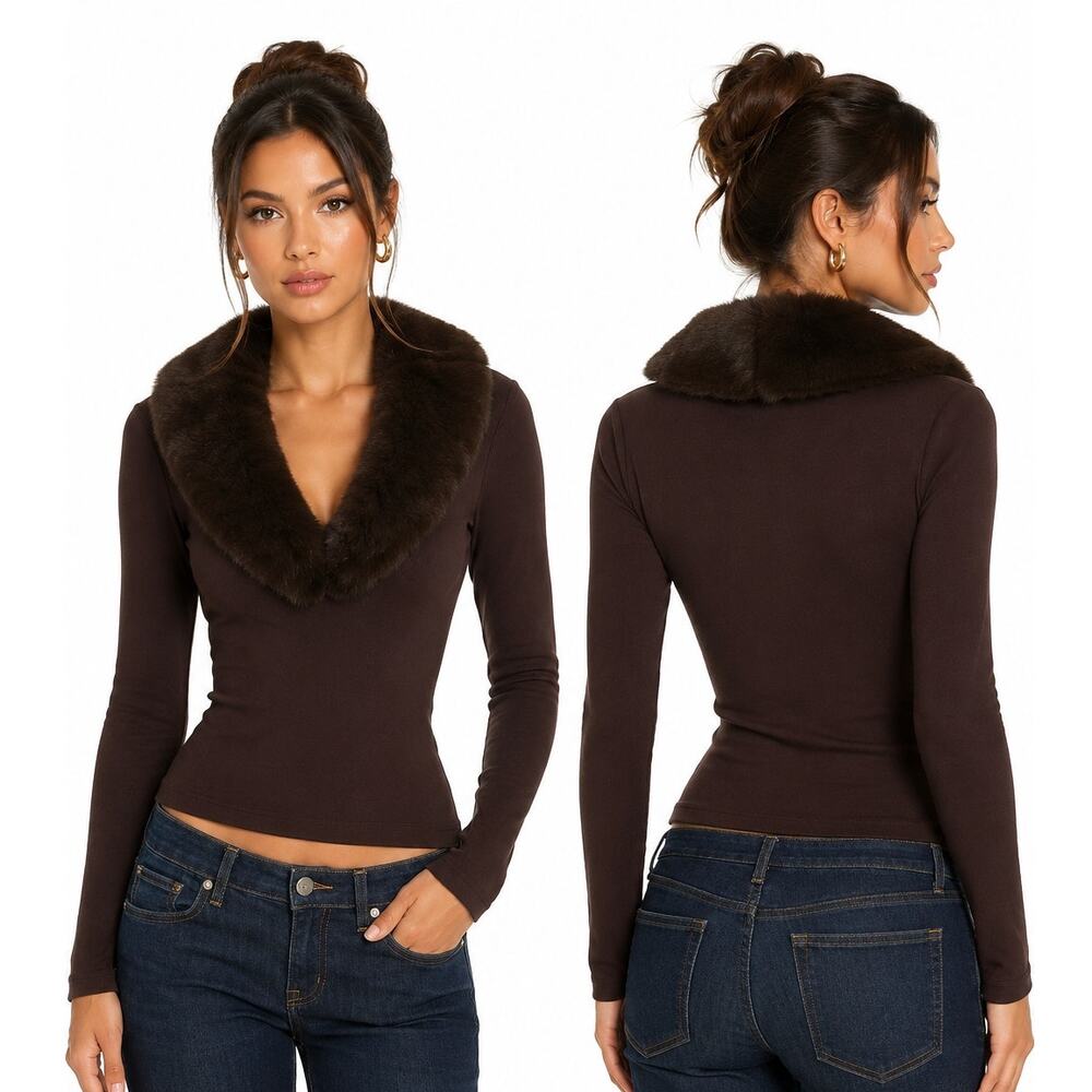 MESHKI Maeve Faux Fur Trim Women's Dark Brown Long Sleeve Size S New with Tags